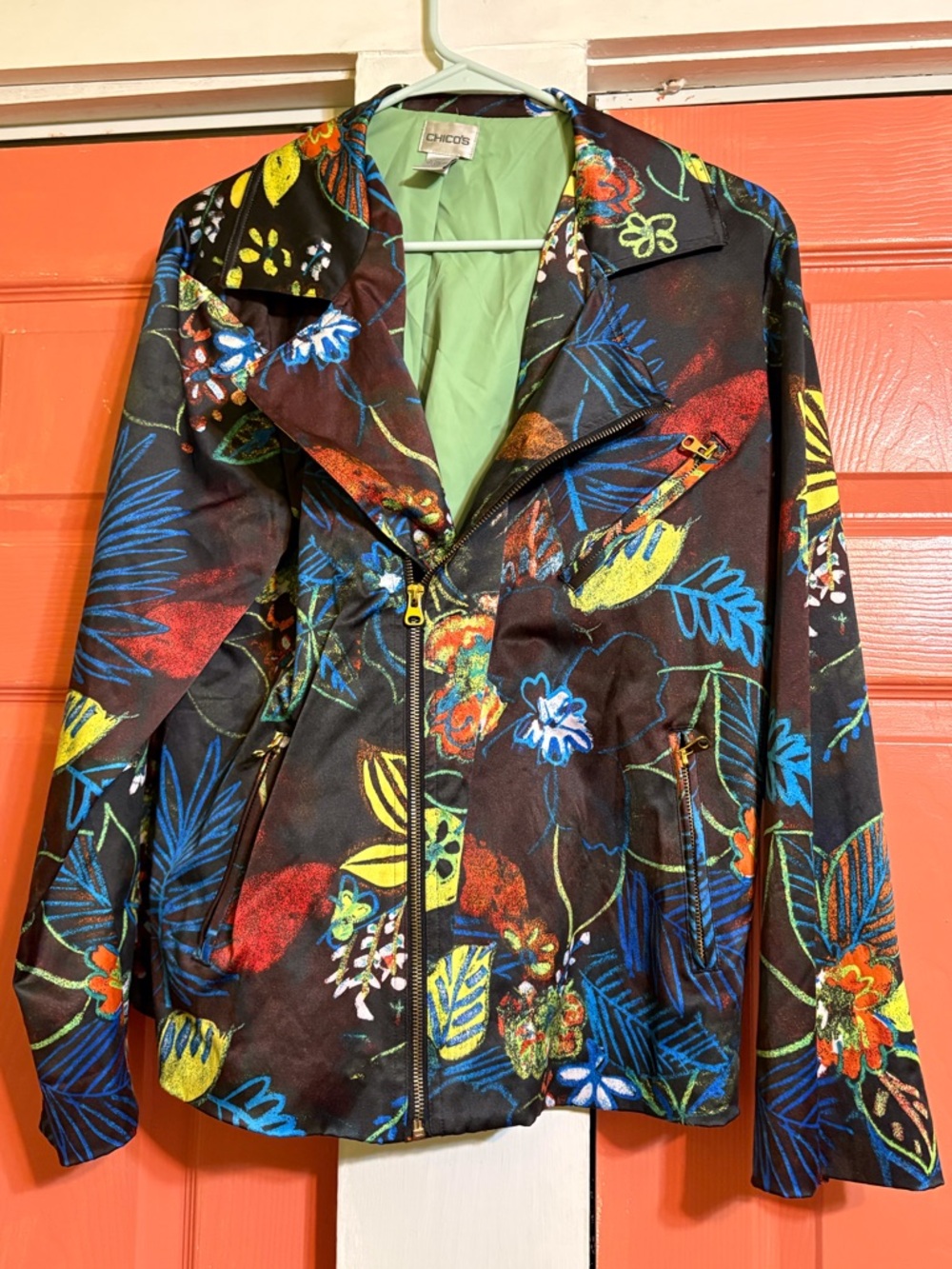 Bicolored Floral Moto Jacket - Black with Blue, Yellow & Red Print
